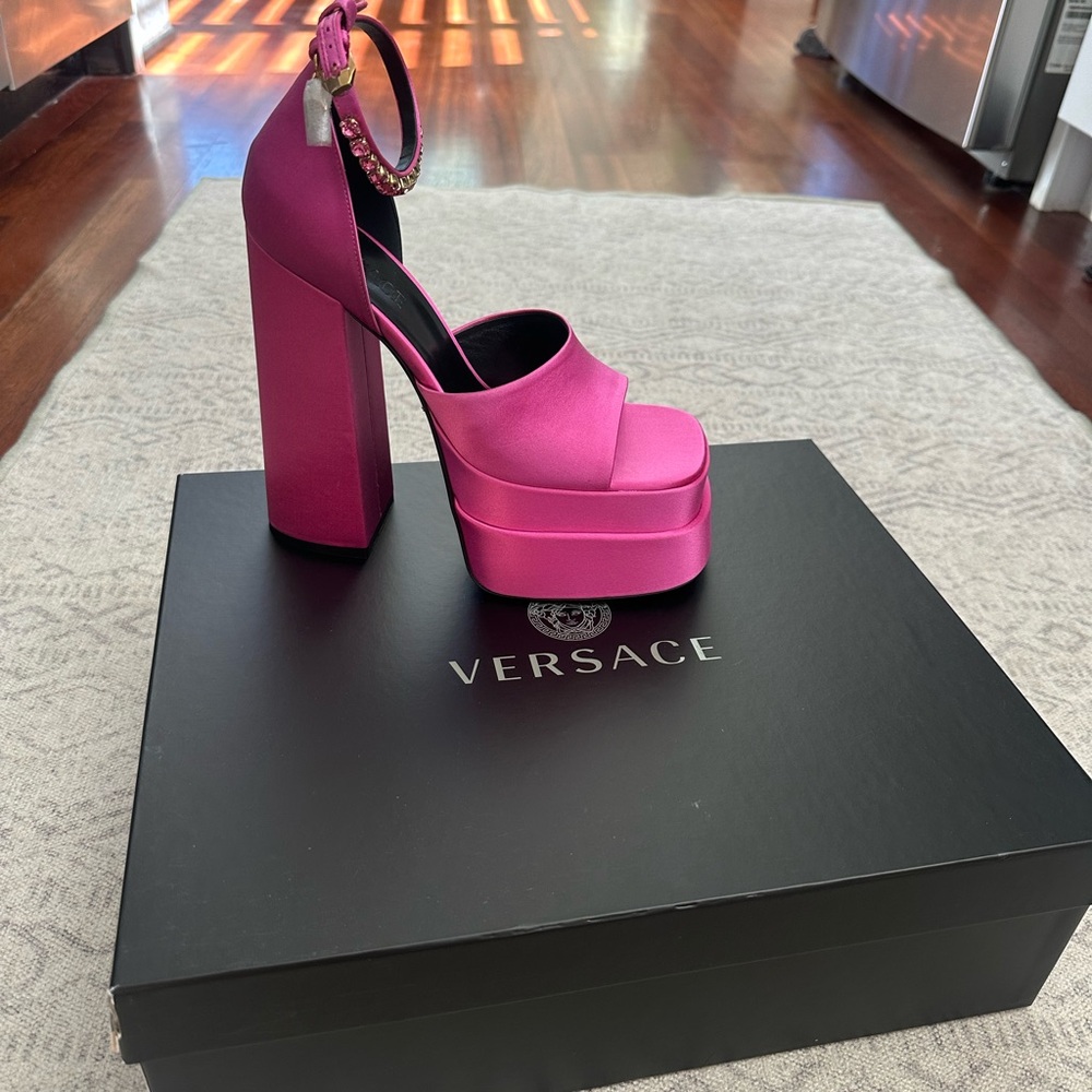 Versace Black Platform aevitas with Chunky Heel and embellished Ankle Strap